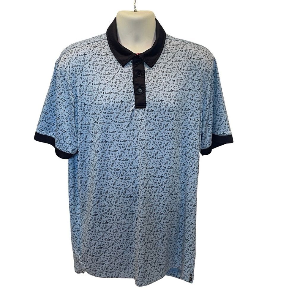 Kenneth Cole Polo Shirt Blue and Black with Golf themed Pattern Size L